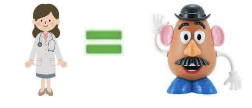 Cartoon doctor and Mr. Potato Head with equality sign between them.